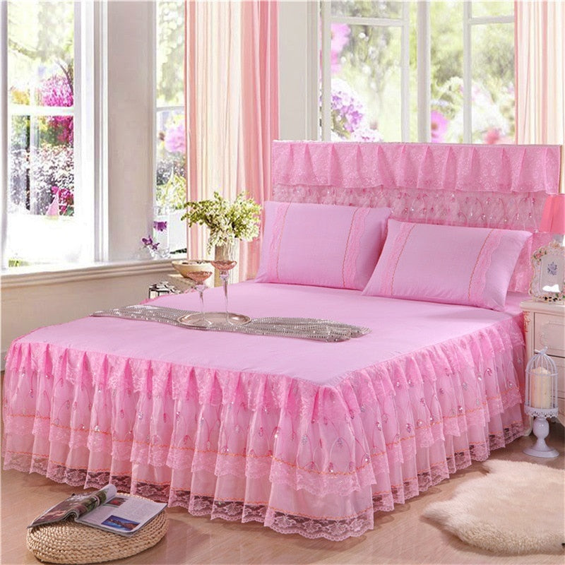 3pcs Set Bed Spread Princess Lace Bed Skirt Solid Color Luxury King Queen Bedspread with 2pcs Pillowcase