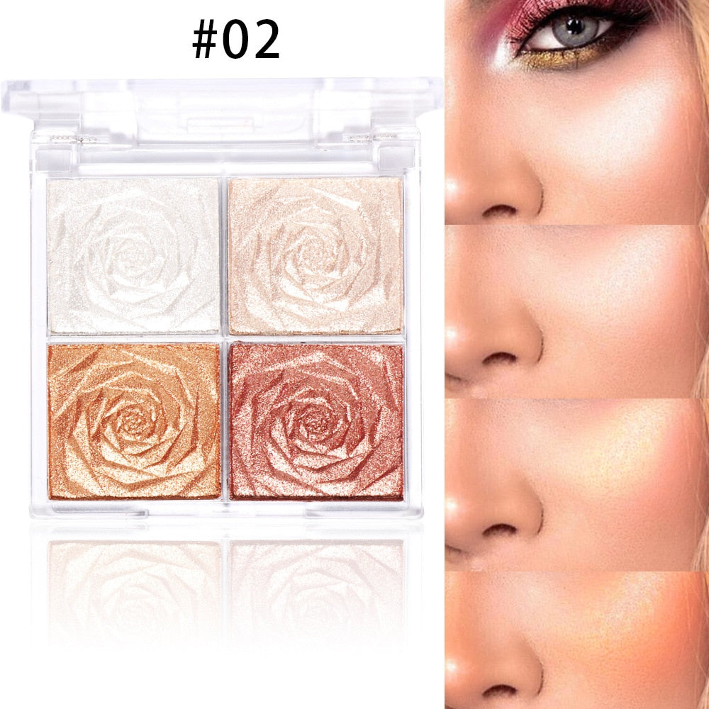 4 Colors Rose Diamond Highlighter Powder Palette Glitter Face Contour Brighten Makeup Shimmer Illuminate High Light Cosmetic
