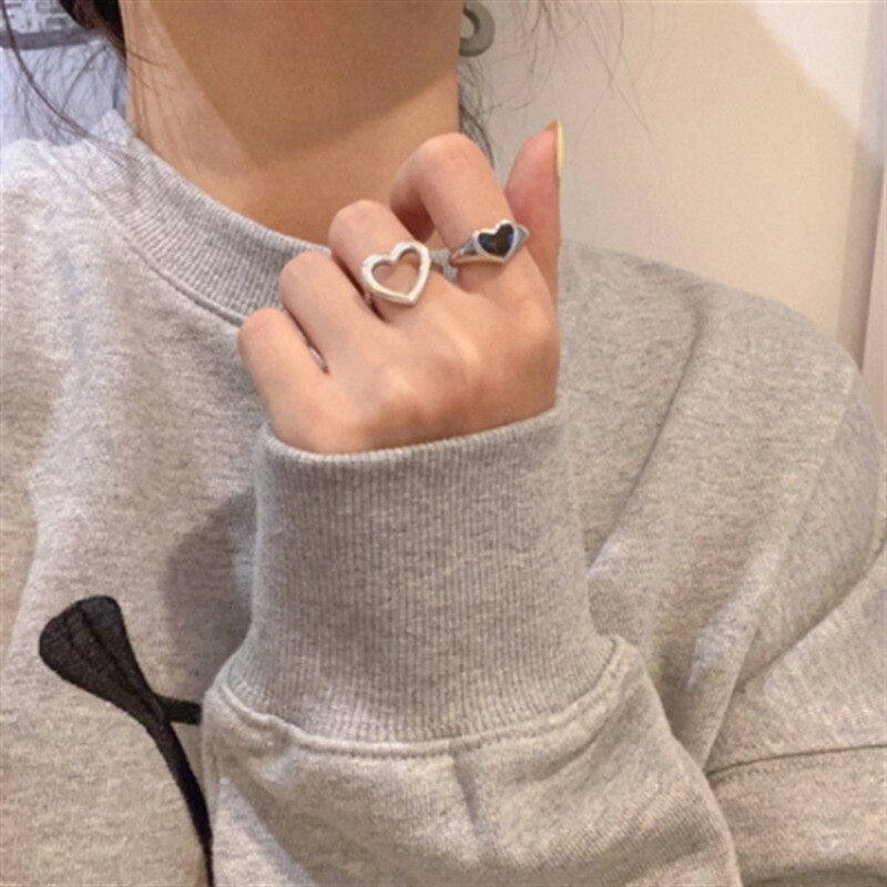 1 Pair Heart Shaped Couple Rings Set Korean Simple Hip-Hop Punk Hollow Ring Gift For Men Women Girls Jewelry Gift