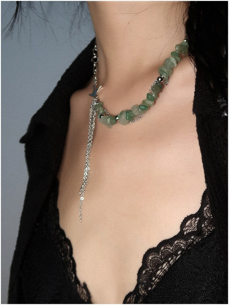 2022 New Beaded Necklace Bird Green Natural Stone Metal Splicing Tassel Neckwear Vintage Cool Choker for Women Jewelry Party
