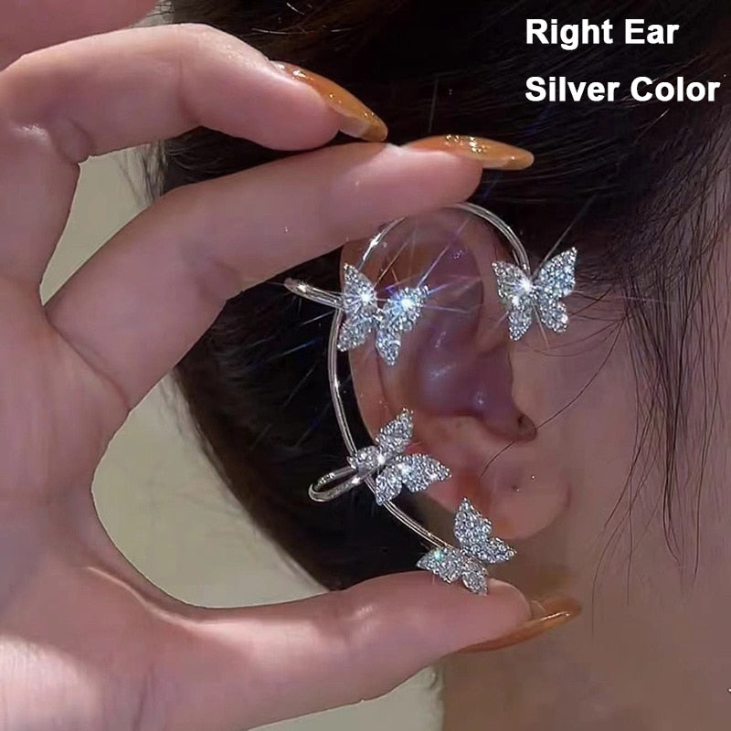LATS Fashion Crystal Butterfly Clip Earring for Women Pearl Bead Ear Cuff Long Tassels Charm Hollow Earrings Clip Jewelry Gifts