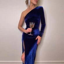 Load image into Gallery viewer, sealbeer A&amp;A One Shoulder Ruched Slit Velvet Midi Dress