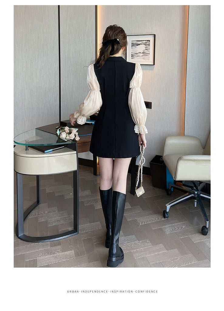 sealbeer Korean Black Patchwork Short Dresses Women  Autumn New Fashion Slim Office Lady Notched Collar Long Sleeves Female Clothing