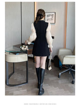 Load image into Gallery viewer, sealbeer Korean Black Patchwork Short Dresses Women  Autumn New Fashion Slim Office Lady Notched Collar Long Sleeves Female Clothing