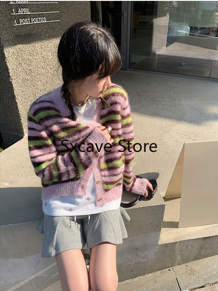 sealbeer  Autumn Faux Fure Knitted Cardigan Women Casual Long Sleeve Button Kawaii Clothing Striped Sweater Female Korean Style Tops