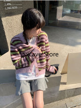 Load image into Gallery viewer, sealbeer  Autumn Faux Fure Knitted Cardigan Women Casual Long Sleeve Button Kawaii Clothing Striped Sweater Female Korean Style Tops