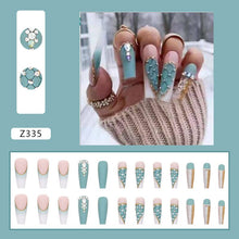 Load image into Gallery viewer, 24pcs Matte Fake Nails Extra Long Ballerina Coffin Dark Blue Colorful Rhinestone Decals False Nails with designs Nail Art