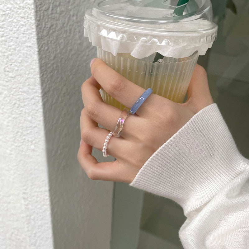 3pcs/set Acrylic Ring Set Light Color System Resin Beaded Elastic Rings Bridal Engagement Women Finger Jewelry 2022 Summer