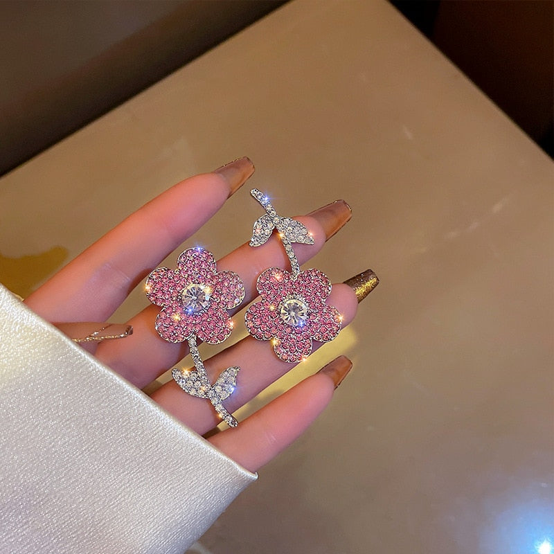Asymmetric sweet pink diamond flower light luxury stud earrings For Women Korean Fashion earring birthday Party Jewelry Gifts