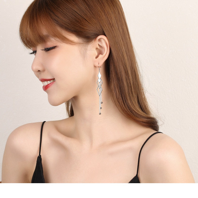 Fanqieliu Stamp 925 Silver Needle Multi-layer Long Tassels Rhombus Drop Earrings For Women Trendy Jewelry Girl Gift New FQL21301