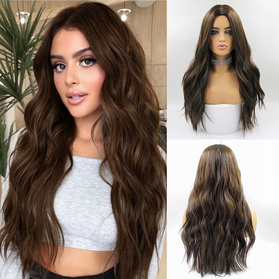 Long Wavy Brown Synthetic Wigs Ombre Brown Middle Part Natural Hair Wig For Women Daily Party Cosplay Wigs Heat Resistant Fiber