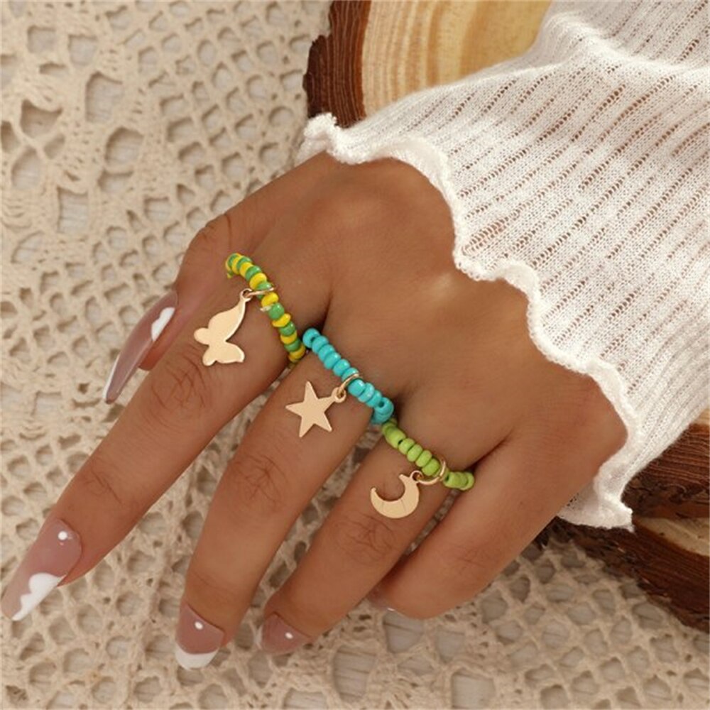 Korean Cute Acrylic Crystal Beaded Rings Set For Women Adjustable Rope Chain Finger Ring Knuckle Jewelry Sweet Aesthetic Gifts