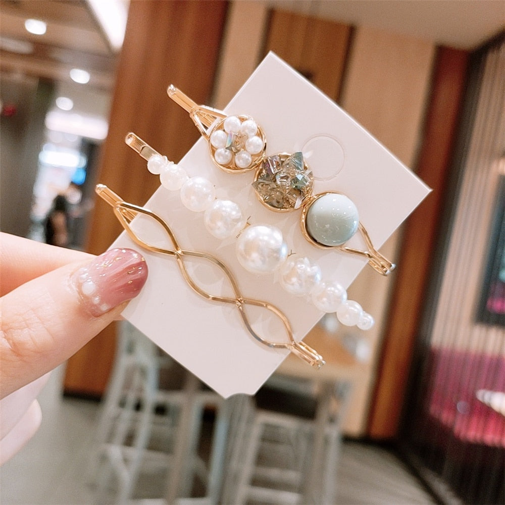 3PCS\Set Korean Style Pearl Hair Clip Geometric Metal Hair Pins With Rhinestones Hairpin Women&#39;s Hair Accessories Gifts for Girl