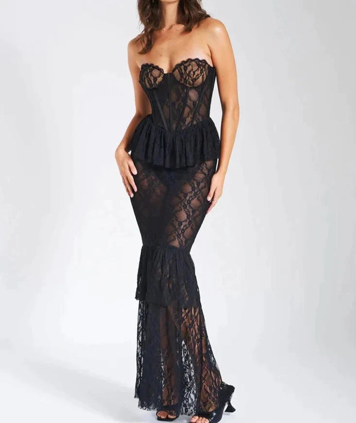 sealbeer A&A Strapless Sheer Floral Print Lace Bustier Maxi Dress