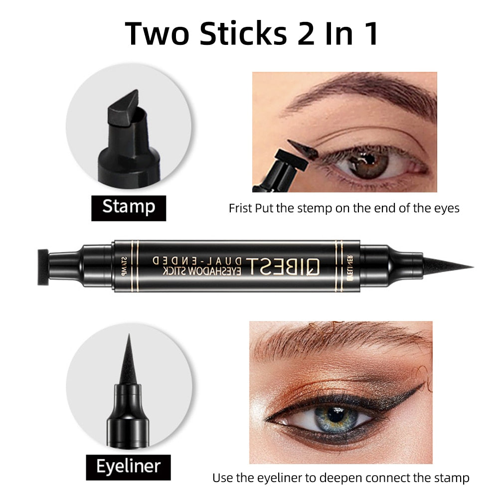 QIBEST Eyeliner Stamp Liquid Eyeliner Pencil 2 In1 Double-Headed Seal Pen Stamps Eyeliner Waterproof Quick Dry Eye Liner Makeup