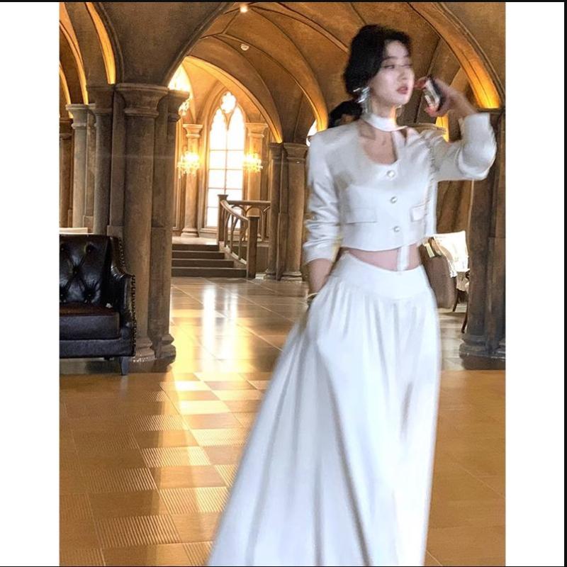 sealbeer French White Long Sleeve 2 Piece Set for Women Autumn New Elegant Fashion Short Top High Waist Long Skirt Suit Female Clothing