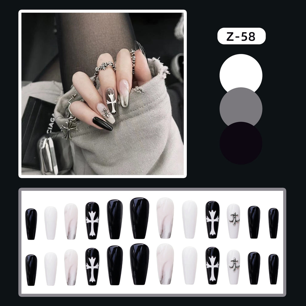24Pcs Punk Babes Fake Nails With Glue Vintage Rhinestones Cross Design Long Ballet Coffin Press On Nails Detachable Manicure Tip
