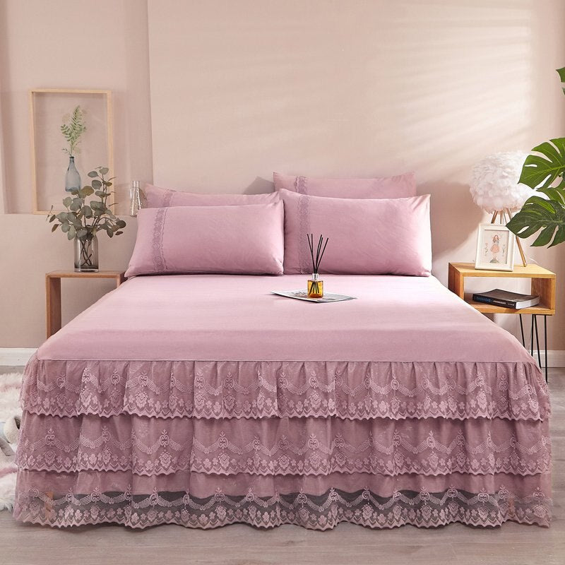 Lace Bed Skirt Luxury Princess Girl Bedspread Queen King Size Spring Fitted Sheets Bed Mattress Cover Retro Bedding with Skirt