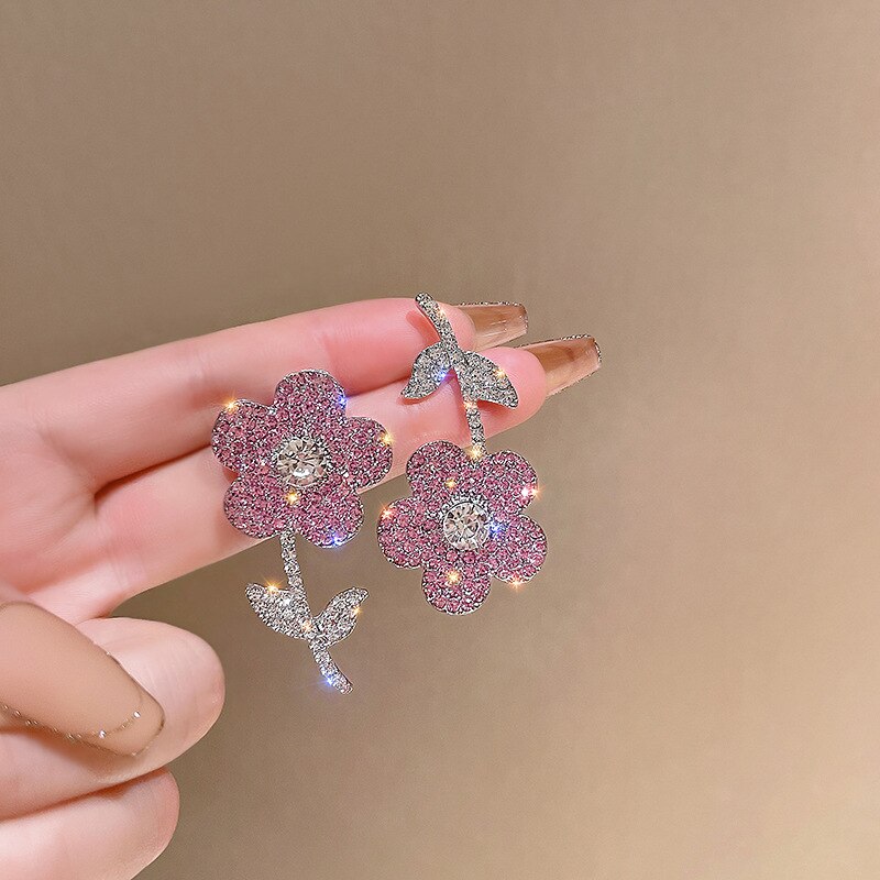 Asymmetric sweet pink diamond flower light luxury stud earrings For Women Korean Fashion earring birthday Party Jewelry Gifts