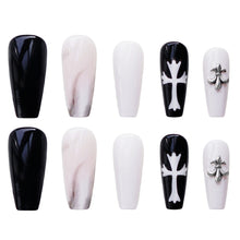 Load image into Gallery viewer, 24Pcs Punk Babes Fake Nails With Glue Vintage Rhinestones Cross Design Long Ballet Coffin Press On Nails Detachable Manicure Tip