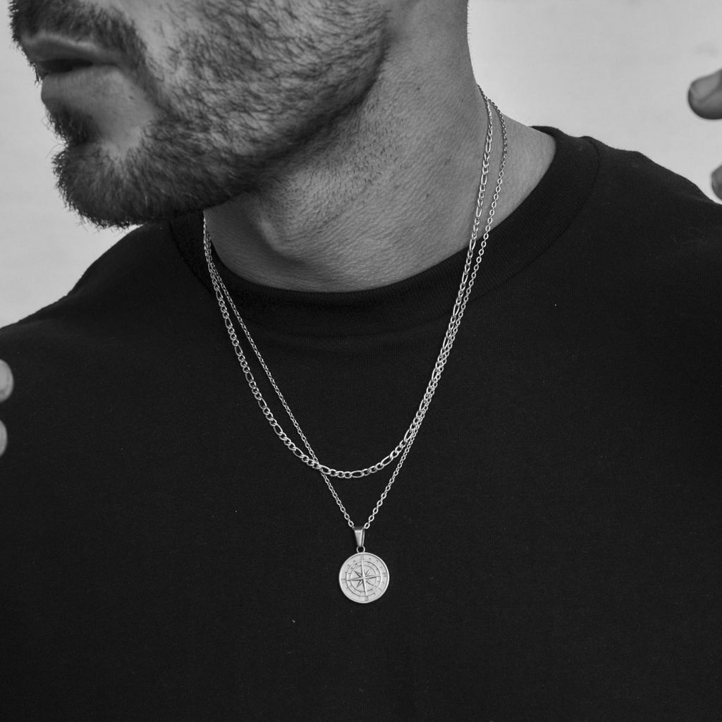 Vnox Layered Necklaces for Men, Sailing Travel Compass Pendant, Stainless Steel Cuban Figaro Wheat Chain, Casual Retro Collar
