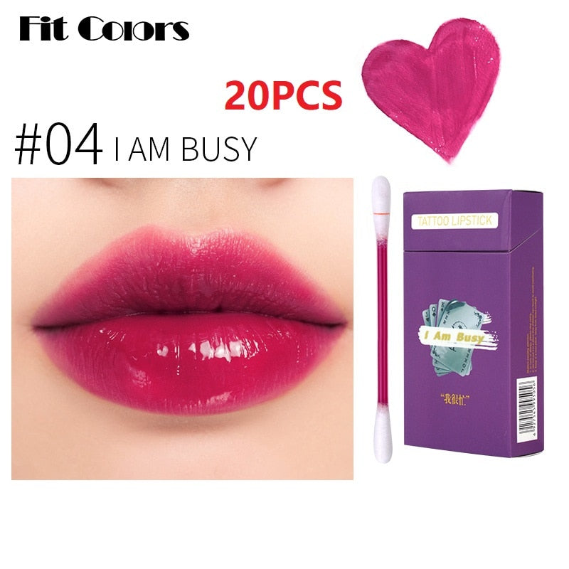 20/10Pcs/set Cotton Swab Lip Tint Long Lasting Not Easy To Fade Tattoo Lipstick Makeup Cosmetics Cigarette Case Liquid Lip Gloss