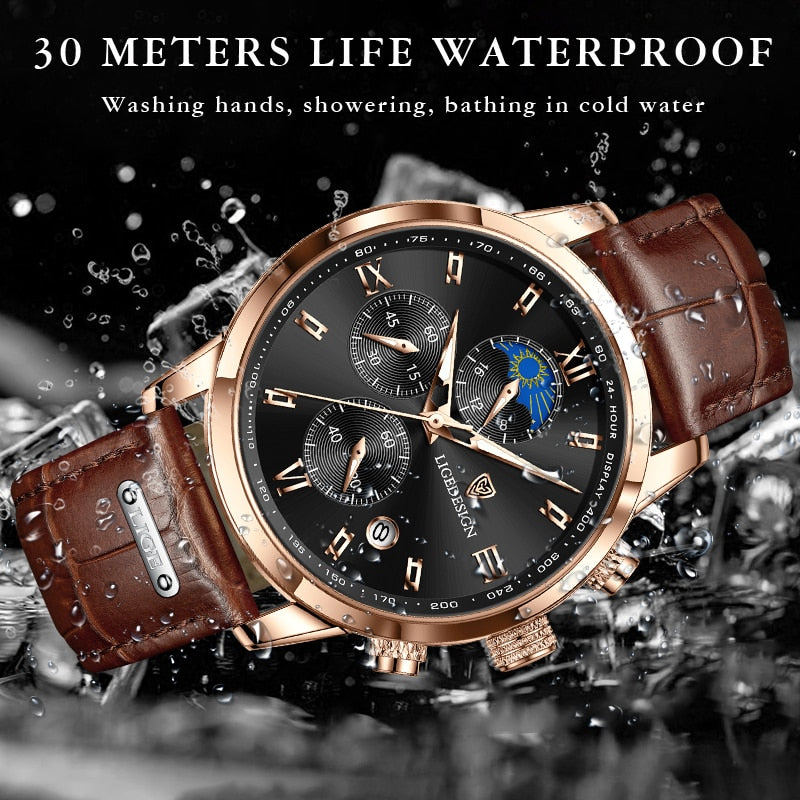LIGE Men Watches Waterproof Luminous Top Brand Luxury Leather Casual Sports Quartz Wristwatch Military Man Watch For Men relogio