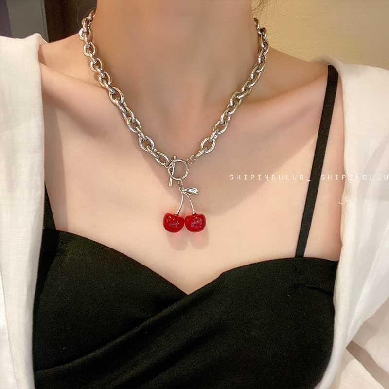 Gothic Red Cherry Pendant Choker Necklace For Women Girls Summer Harajuku Geometric Necklace With Ot Buckle For Dancing Party