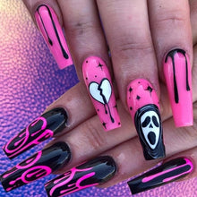 Load image into Gallery viewer, 24Pcs Black Pink Ghost Long Ballet False Nails With Heart Blood Design Halloween Press On Nails Detachable Full Cover Nail Tips