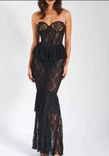 Load image into Gallery viewer, sealbeer A&amp;A Strapless Sheer Floral Print Lace Bustier Maxi Dress