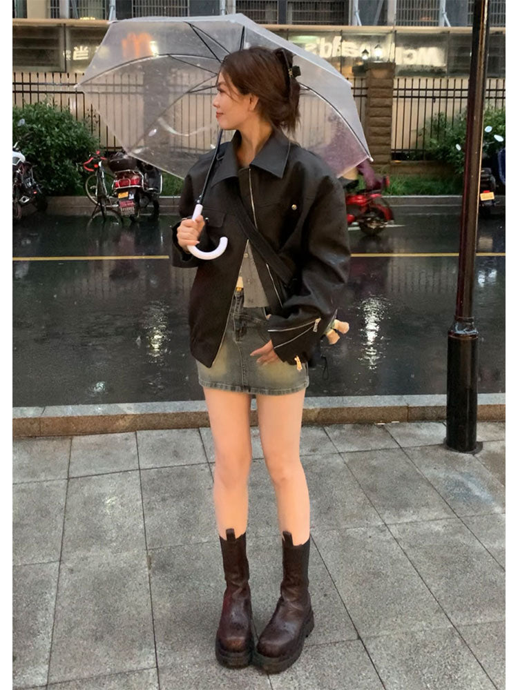 sealbeer  Autumn Vintage Leather Jackets Women Outwear Casual Long Sleeve Loose Korean Coats Office Lady Y2k Clothing Chic