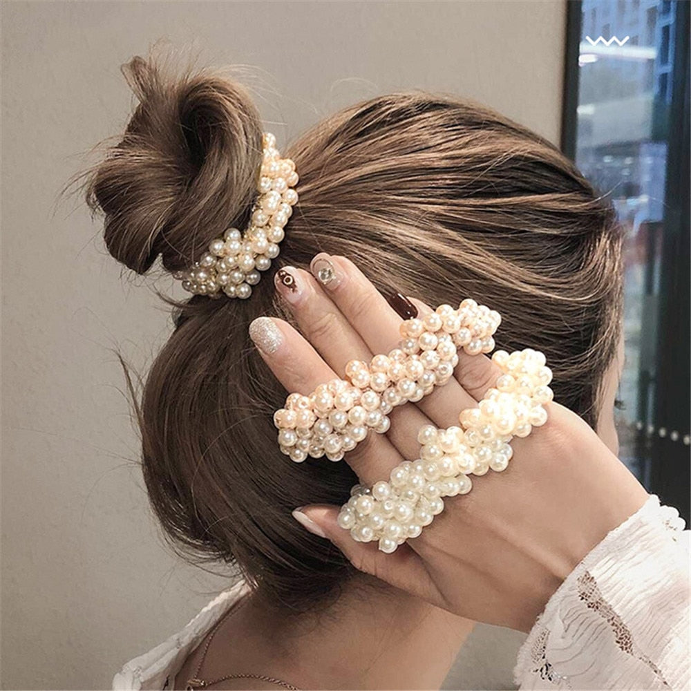 Fashion Faux Pearl Hair Rope Multicolor Beads Scrunchie Ponytail Holder Elastic Hairband Hair Accessories for Women Headwear