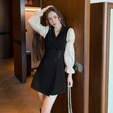 sealbeer Korean Black Patchwork Short Dresses Women  Autumn New Fashion Slim Office Lady Notched Collar Long Sleeves Female Clothing