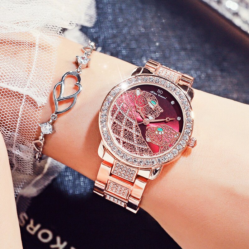 Montre-Bracelet De Luxe En Acier Pour Femmes, Bijoux Diamant, Bleu, Rouge, Cadeau Pour Dames, étanche ,Fashionable Ladies Watch