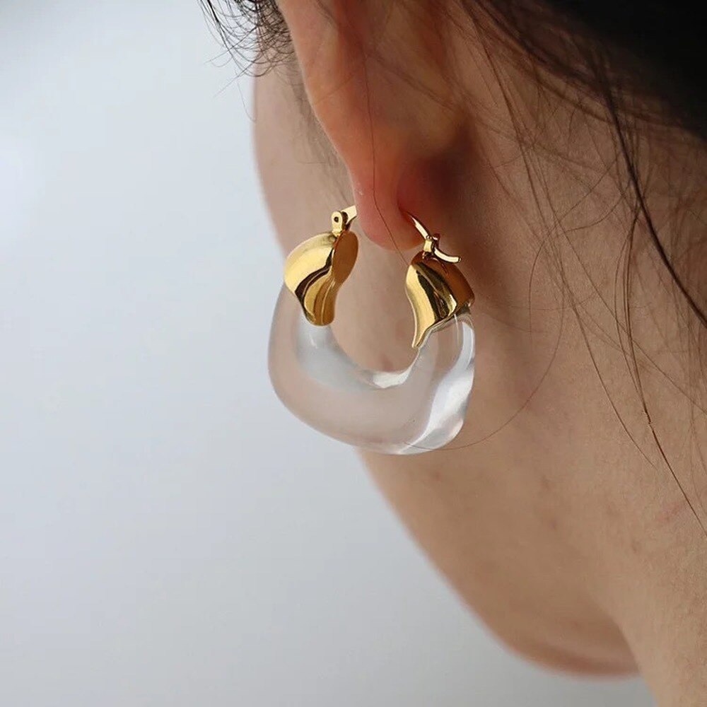 Trendy Transparent Resin Hoop Earrings for Women Girls Geometric Irregular Metal Acrylic Earrings Party Jewelry Korean Earrings
