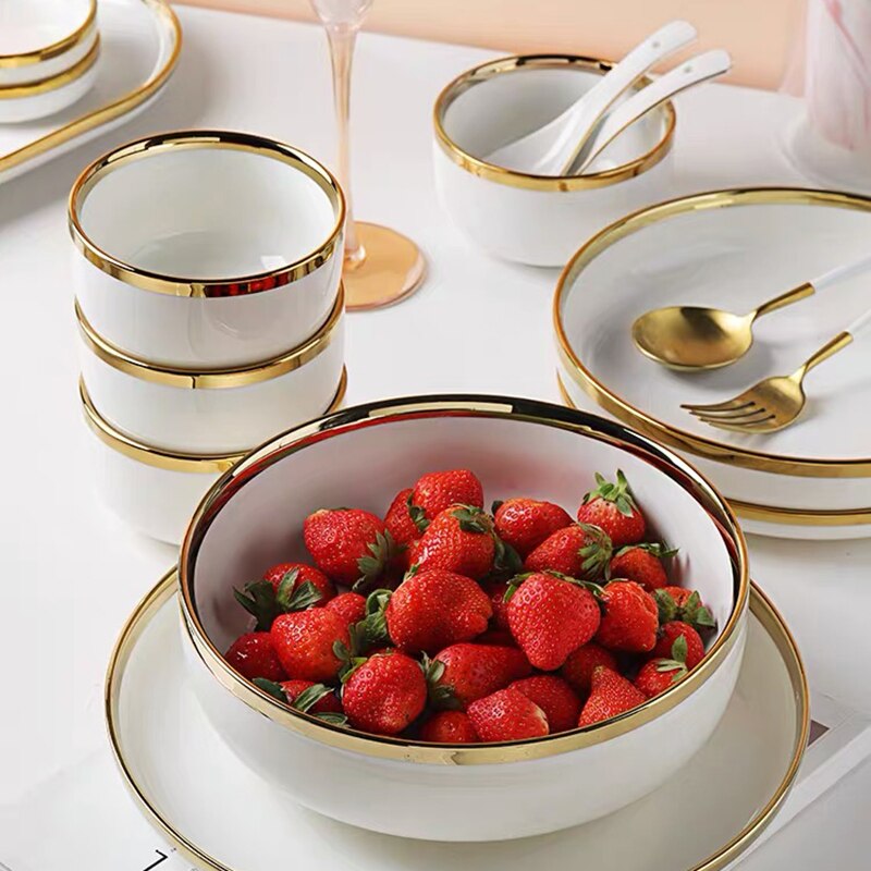 White Tableware Set Ceramic Dinner Plates Dishes Plates and Bowls Set Food Plate Salad Soup Bowl Dinnerware Set for Restaurant