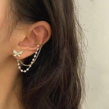 Load image into Gallery viewer, Korean Asymmetry Rhinestone Butterfly Tassel Earrings for Women Girls Fashion Elegant Pearl Chain Earrings Jewelry Gifts