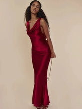 Load image into Gallery viewer, sealbeer A&amp;A Luxe Plunging Back Cowl Lace Up Satin Silk Maxi Dress
