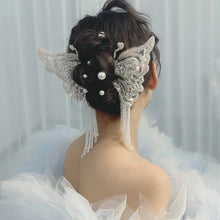 Load image into Gallery viewer, Net Sequin tassel lace butterfly pair clip White Bride curling headdress wedding hair accessories