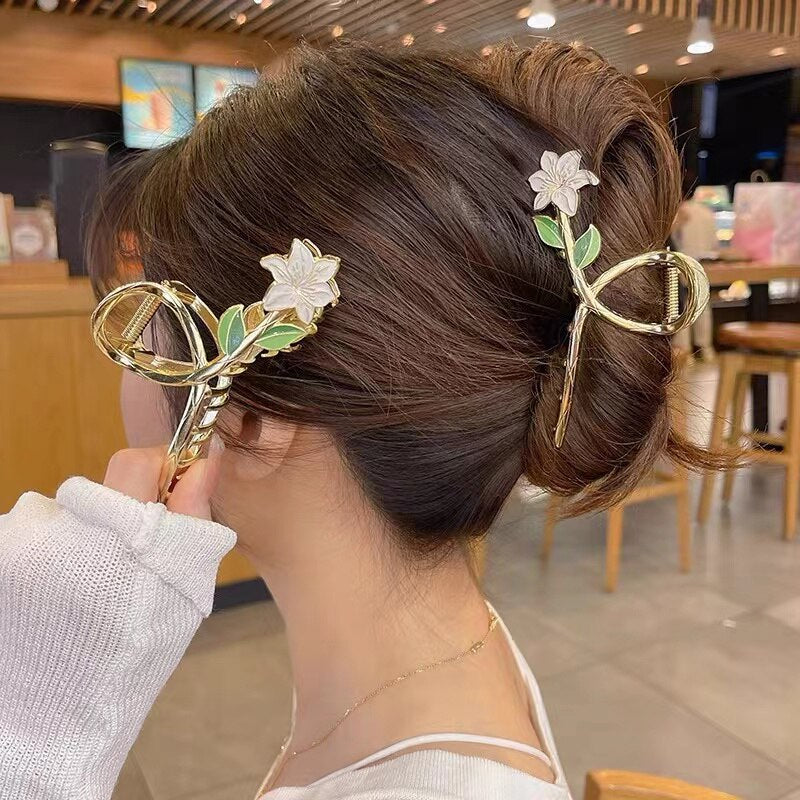 New Women Girls Fashion Elegant Gold Flowers Hair Claw Hairpins Ladies Lovely Metal Ponytail Clip Female Sweet Hair Accessories