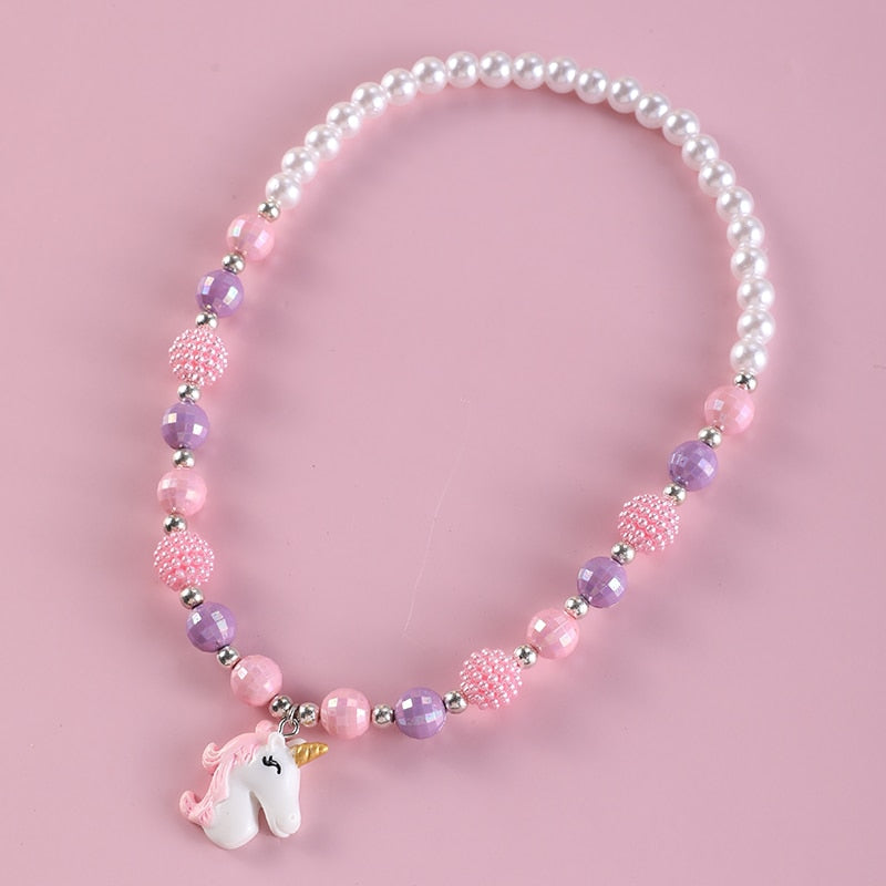 Children Necklace Cute Unicorn Pendant Kids Pink Purple Beaded Girls Necklace Wholesale Sweet Beads DIY Jewelry For Gifts