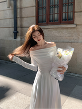 Load image into Gallery viewer, sealbeer Autumn Fashion White Knitted Dress Women Elegant Sexy Off Shoulder Slim A-Line Robe Korean Spring Casual Long Sleeve Clothing