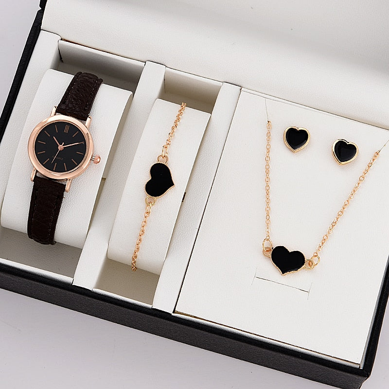 5PCS Set Watch For Women Luxury Leather Analog Ladies Quartz Wrist Watch Fashion Bracelet Watch Set Female Relogio Feminino
