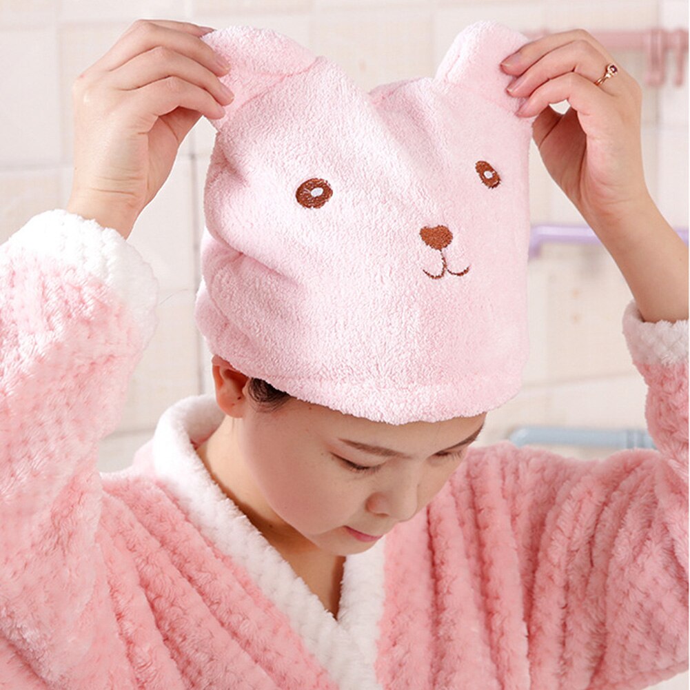 New Dry Hair Cap Towel Strong Absorbing Cute Bear Hat Quick-dry Cartoon Head Wrap Soft Shower Cleaning Supplies Home Hair Drying