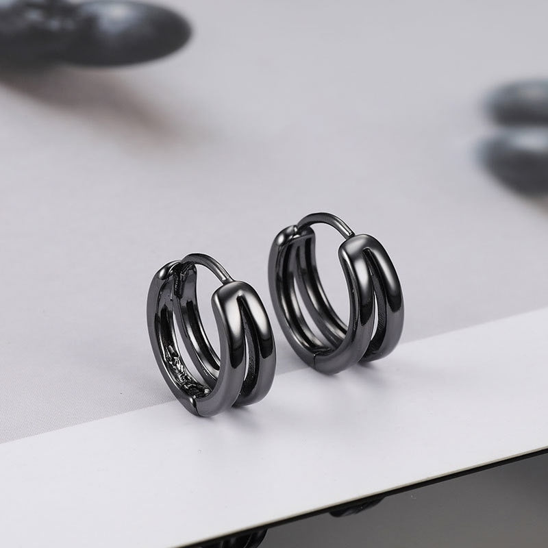 1 Pair Hollow Double Ring Small Hoop Earrings For Men Women New Trend Black Silver-color Hip Hop Party Gothic Ear Jewelry