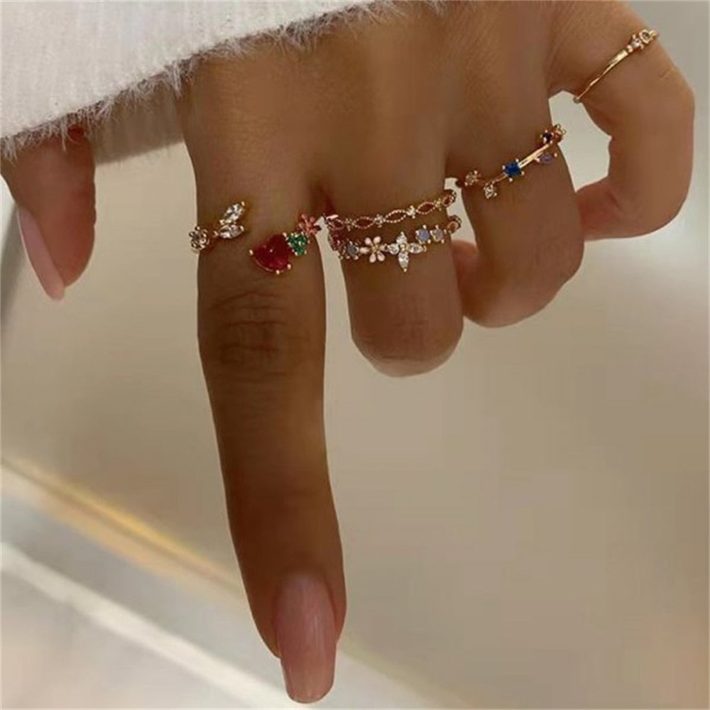 Bohemian Gold Color Butterfly Rings Set For Women Fashion Shiny Crystal Geometric Flower Knuckle Finger Ring Jewelry Adjustable