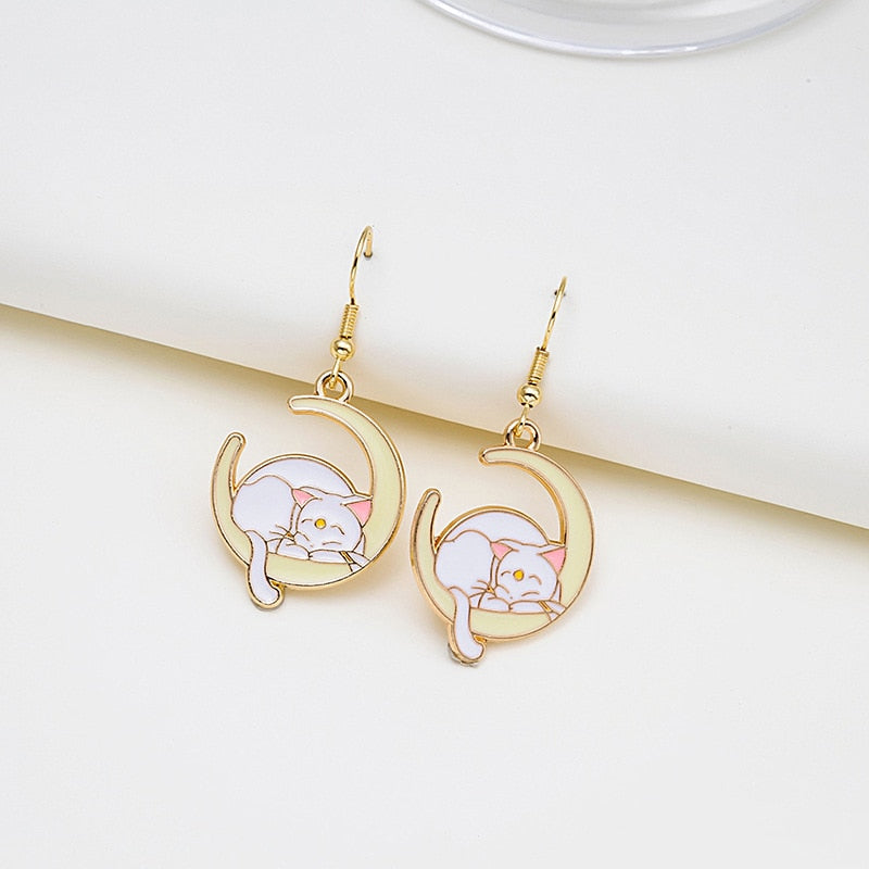 Fashion Cute Cat Earrings for Women Korean Sweet Cartoon Moon Flower Geometric Dangle Earrings Girls Birthday Party Jewelry Gift