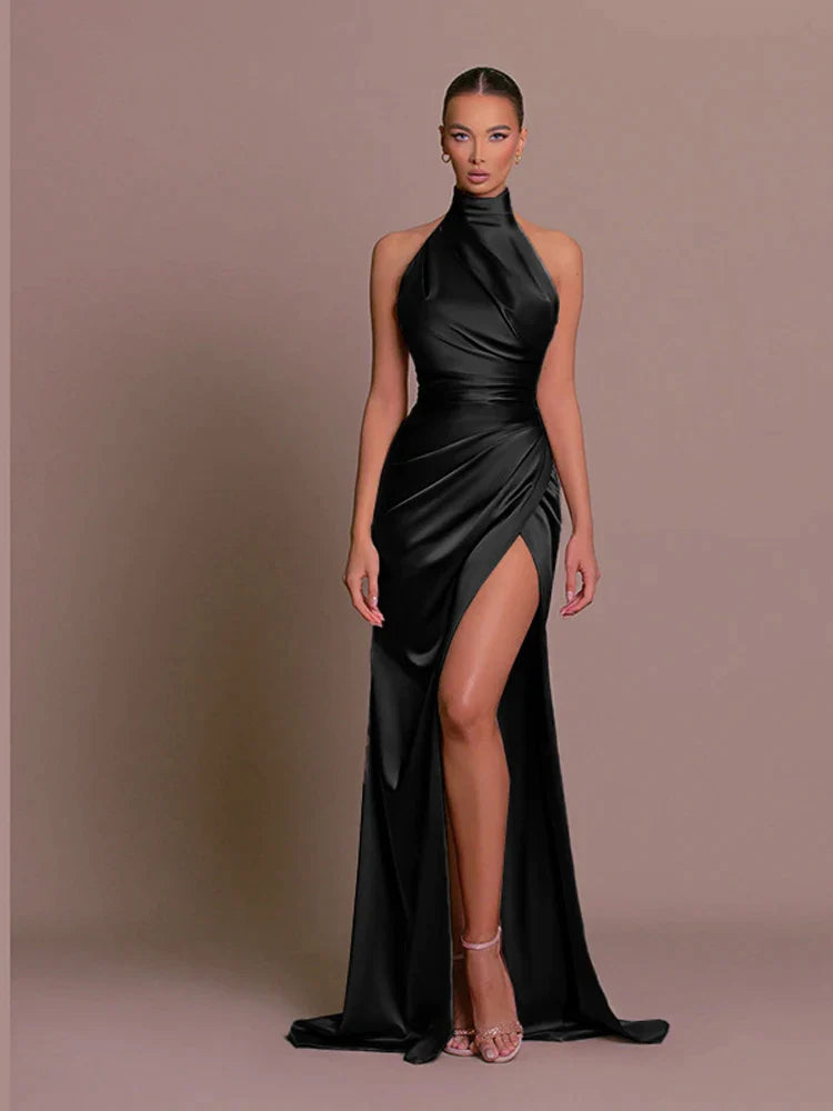 sealbeer A&A Ruched Satin Sleeveless Halter Neck Side Slit Maxi Dress
