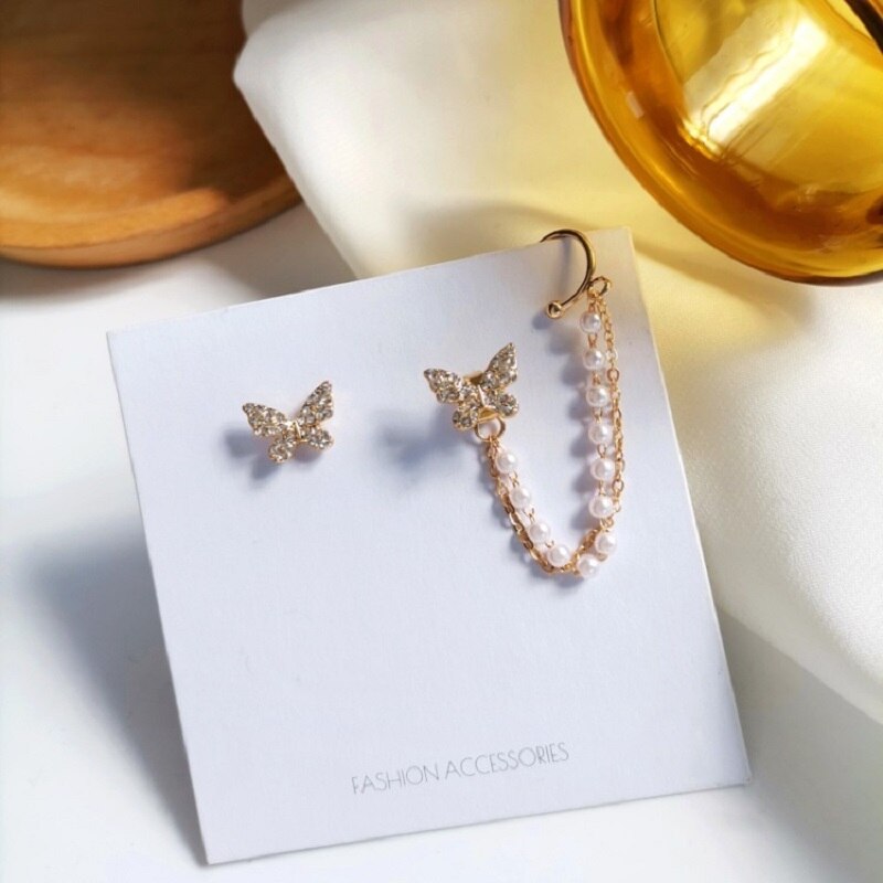 Korean Asymmetry Rhinestone Butterfly Tassel Earrings for Women Girls Fashion Elegant Pearl Chain Earrings Jewelry Gifts