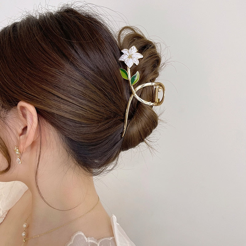 New Women Girls Fashion Elegant Gold Flowers Hair Claw Hairpins Ladies Lovely Metal Ponytail Clip Female Sweet Hair Accessories